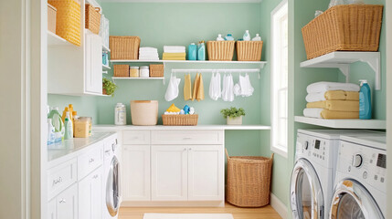 A bright and organized laundry room featuring white cabinets, shelves with baskets, and neatly arranged cleaning supplies. soothing green walls create calm atmosphere
