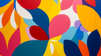 An abstract wallpaper featuring bold geometric shapes intertwined with stylized floral motifs in vivid colors 
