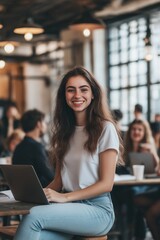 A young professional works in a dynamic coworking space, surrounded by energetic peers who inspire creativity and innovation through collaboration and networking that foster growth and learning