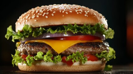 Juicy Hamburger with Sesame Seed Bun and Fresh Toppings Including Lettuce, Tomato, Onion, and Cheese Perfect for Food Photography and Culinary Use