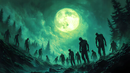 Fototapeta premium Illustration - Zombie Horde Under Green Moon