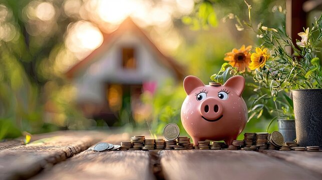 A cheerful piggy bank sits among coins and flowers, with a cozy house in the background, evoking themes of savings and prosperity in a serene setting.
