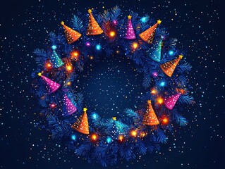 A vibrant holiday wreath adorned with colorful party hats and lights against a dark background, creating a festive atmosphere.