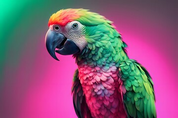 Obraz premium A parrot with a sparkling gradient background in neon pink and green with glowing highlights, Ai Generated