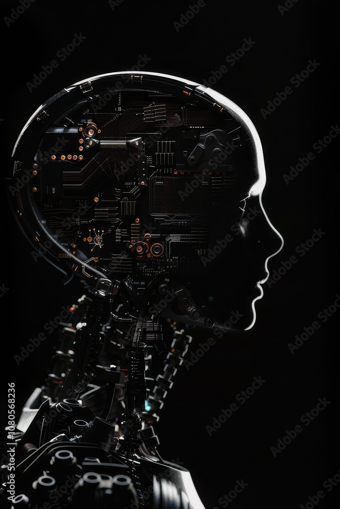 Poster silhouette of a futuristic robot head showcasing intricate circuitry and technology elements on a da
