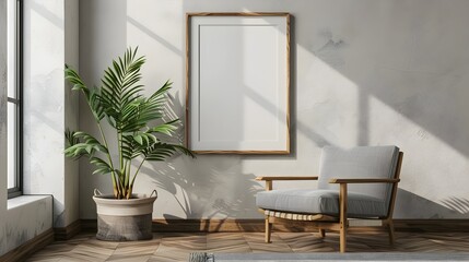 Minimalist Wooden Frame and Modern Chair in 3D Rendered Studio Setting