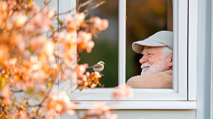 A joyful elderly man smiles at small bird perched on his window, surrounded by blooming flowers. warm autumn light creates serene and heartwarming atmosphere
