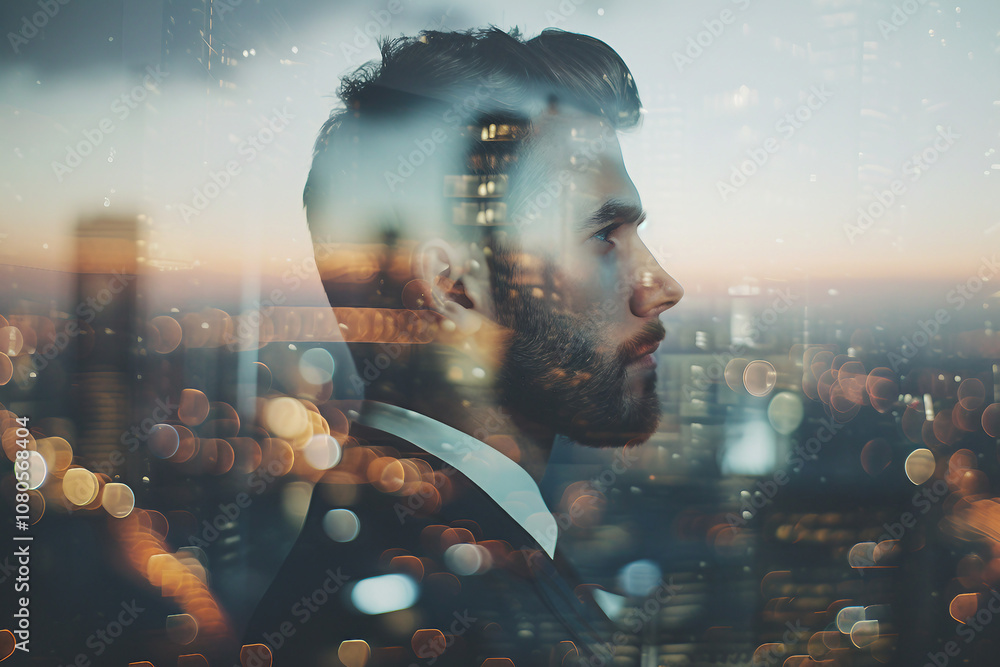 Poster generative ai double exposure picture showing a silhouette of a worker against a backdrop of city li