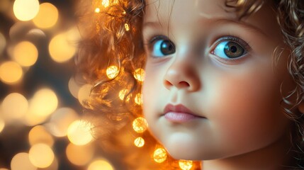 Fototapeta premium Beautiful Baby Girl with Curly Hair Smiling in a Soft Golden Light