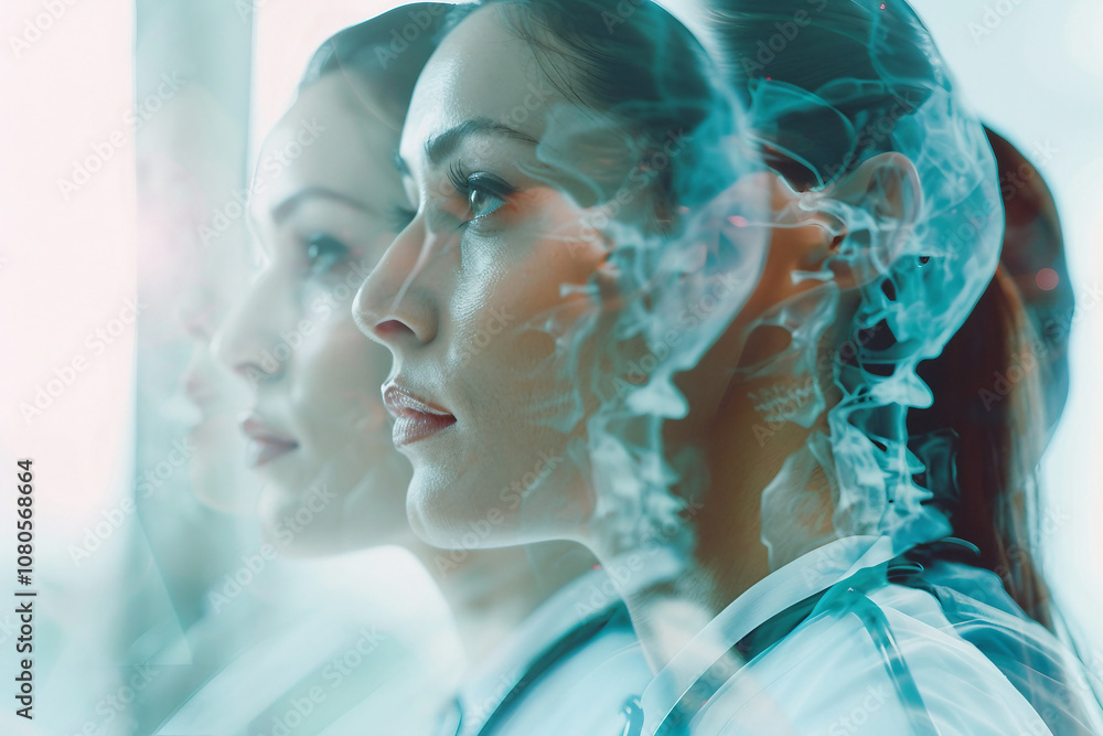 Poster a double exposure image of a hospital worker in laboratory generative ai