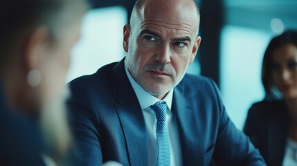 Fototapeta premium Male mature caucasian ceo businessman leader with diverse coworkers team, executive managers group at meeting. Multicultural professional businesspeople working together on research plan in boardroom.