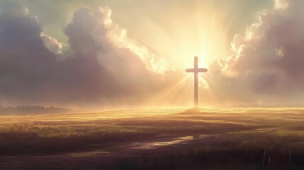 Obraz premium A large cross stands on the horizon of an open field, The sun shines through the clouds in the sky, casting long shadows over everything around.