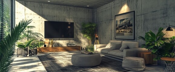 Fototapeta premium Modern Living Room with Concrete Walls, Plants, and Natural Light