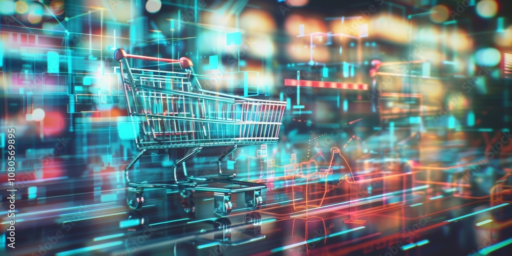 Poster a shopping cart is shown in a blurry image. the cart is in the foreground and he is in motion