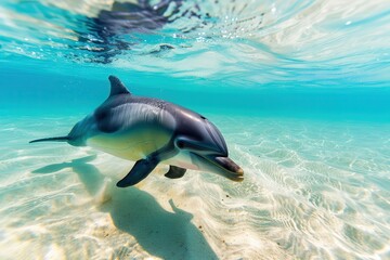 Marine Protected Areas are crucial for effective ocean conservation. A playful dolphin swims gracefully in shallow, clear waters, showcasing its sleek body and vibrant colors against the sandy seabed.