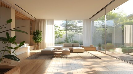 Fototapeta premium Spacious Minimalist Living Room with Refined Home Mockup in 3D Rendering