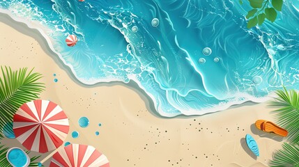Fototapeta premium Summer Beach and White Beach Wave Water Background - a serene and refreshing top view visual. The summer beach and wave create a calming and picturesque scene.