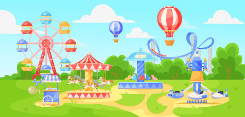 A colorful amusement park featuring rides, hot air balloons, and trees. Vector illustration