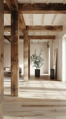 Rustic and Minimalist Wooden Beams in Bright,Open Interior Space