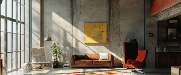 Modern Loft Interior with Leather Sofa, Yellow Artwork, and Sunlight Streaming Through Large Windows