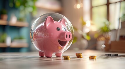 A cheerful pink piggy bank inside a glass sphere, surrounded by coins, symbolizing savings and financial growth in a cozy environment.