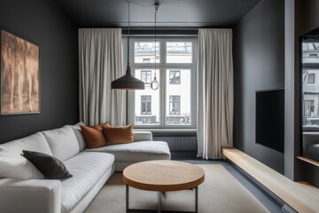 Minimalist interior design of a dark living room 