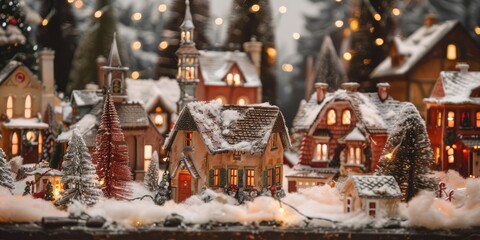 A delightful miniature Christmas village scene with snow-covered houses and twinkling lights, capturing the magic of a winter wonderland.