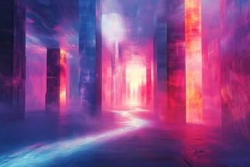 Obraz premium Abstract Cityscape with Glowing Pillars and a Light Trail