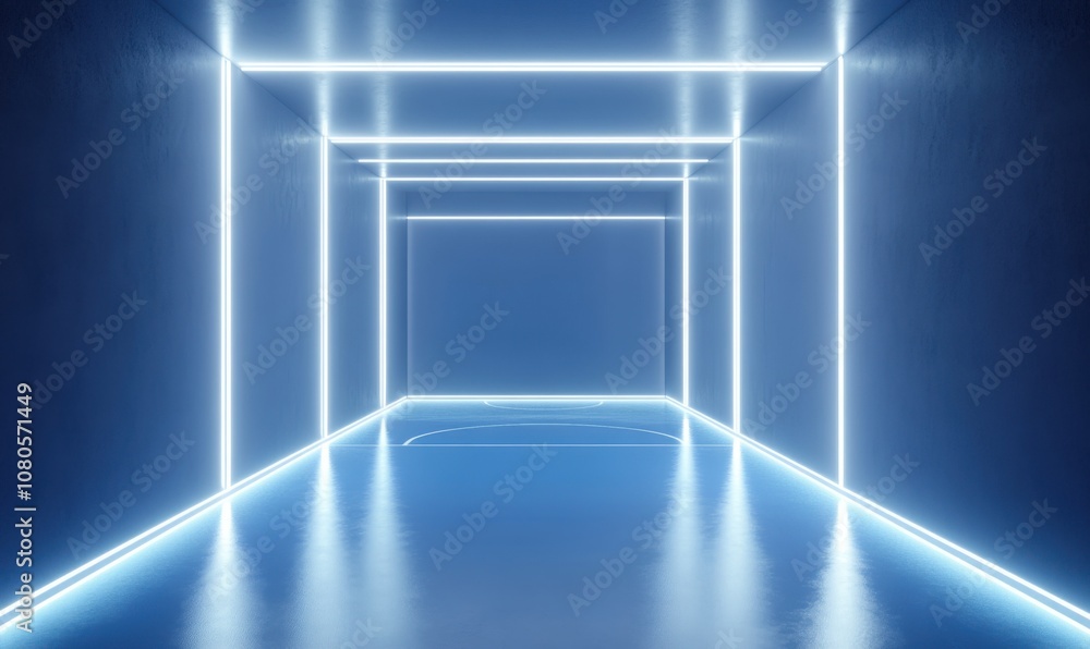 Poster Abstract futuristic background with glowing neon lines and empty blue room interior with floor reflection. Glowing white light in dark space for design of presentation or mock-up.