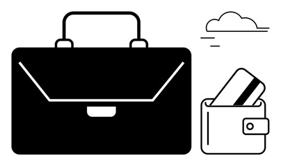 Business briefcase, wallet with a credit card, and a simplistic cloud. Ideal for finance, business, travel, corporate identity, investment professional services mobile payment. Line metaphor