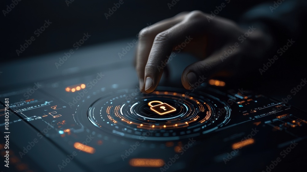 Poster a close-up of a hand interacting with a digital interface featuring a lock symbol, symbolizing cyber