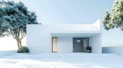 Simple White Modern Home with Flat Roof and Clean Minimalist Interior Frame Mockup 3D Rendering