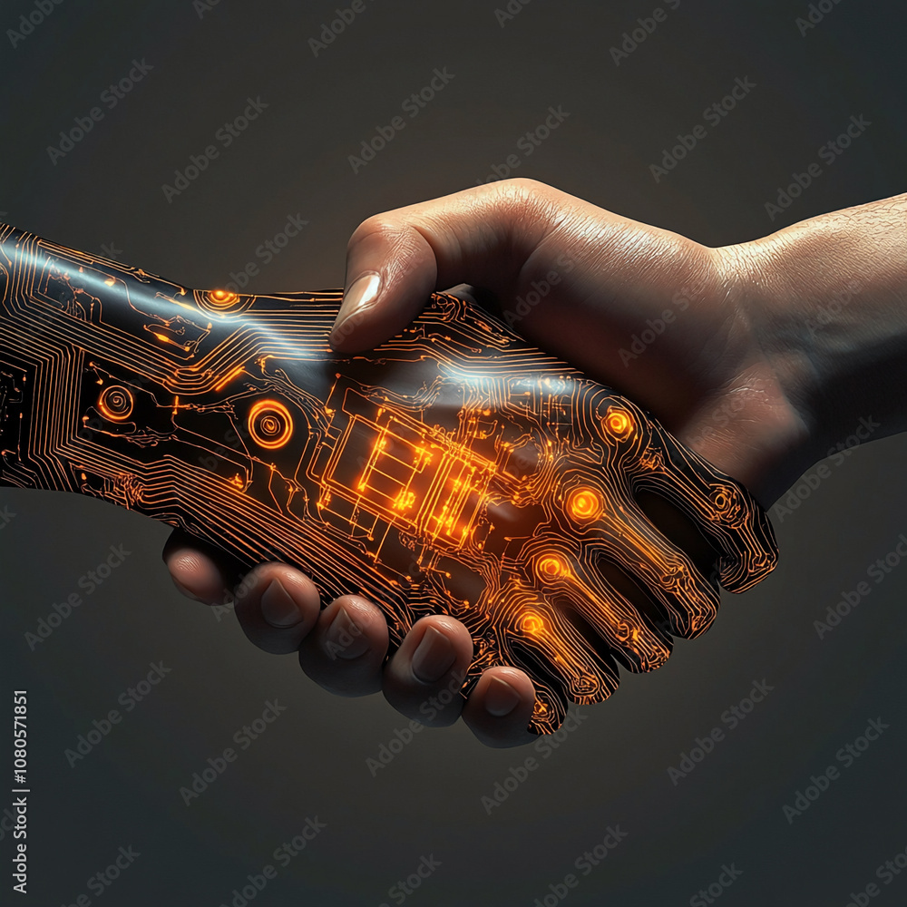 Aufkleber a robotic hand with glowing circuitry shakes the hand of a human, symbolizing the collaboration and 