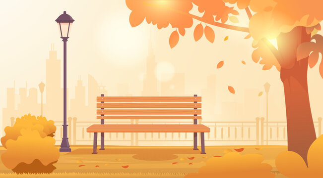 A tranquil park scene featuring a bench and lamppost, surrounded by autumn leaves. Vector illustration