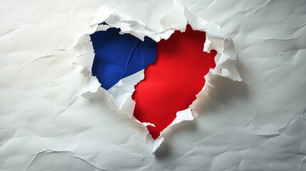Heart-Shaped Tear in Paper Revealing French Flag Colors Red and Blue Symbolizing Love and National Pride in Artistic Conceptual Design