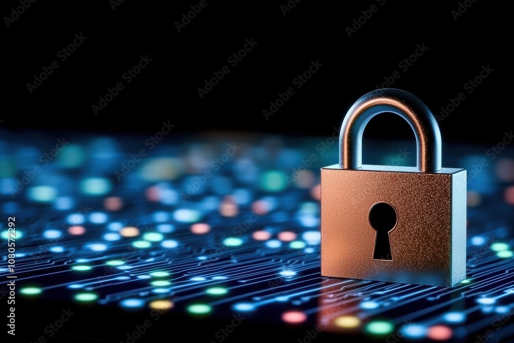 Poster a close-up of a padlock symbolizing security over a digital background with colorful lights, represe