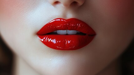 Obraz premium Vibrant red lips shining with gloss highlight beauty in an intimate close-up, emphasizing allure and elegance during a makeup session