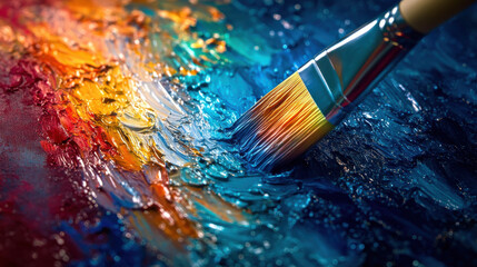 Fototapeta premium vibrant brush creating colorful abstract painting with rich textures. blend of orange, blue, and yellow hues evokes sense of creativity and passion
