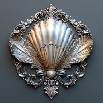 Ornate silver shell sculpture with intricate floral details.