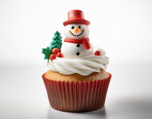Conceito criativo de sobremesa, cupcake com decora&ccedil;&atilde;o natalina de boneco de neve usando chap&eacute;u e cachecol e azevinho