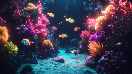 surreal underwater scene with glowing multicolored corals and vibrant fish swimming through colorful reef, creating magical atmosphere