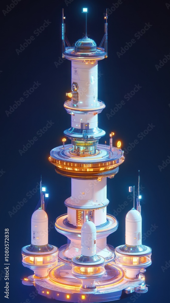 Poster a futuristic space station with a central tower and surrounding smaller structures.