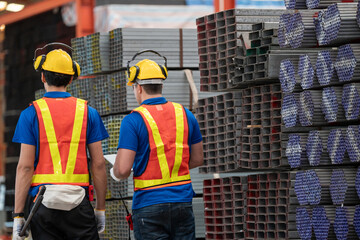Two construction workers in reflective safety vests and helmets engage in factory industrial site. Both wear ear protection, emphasizing a noisy environment, with metal beams in the background.