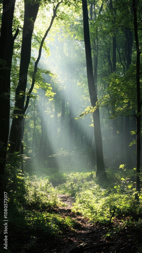 Poster a serene forest scene with sunlight filtering through trees, creating a peaceful atmosphere.