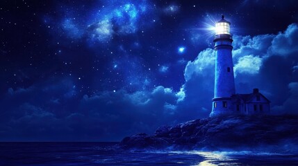 Shining lighthouse in the night sky blue color scheme with clouds and stars. Template concept with copy space on the left side of the image