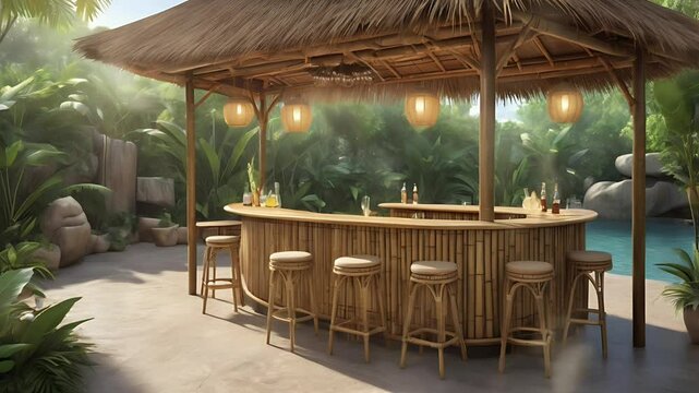 A simple bamboo cafe on the beach. Seamless 4K looping timelapse video animation background