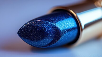 A close-up view of sparkling blue lipstick resting on a smooth surface in soft lighting, capturing its vibrant color and texture