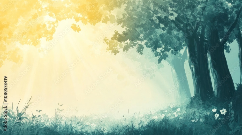 Poster sunlight filtering through the branches of trees in a lush forest.