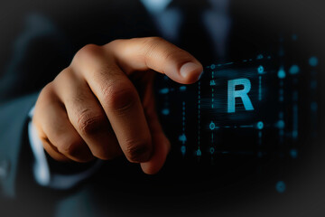 Businessman hand point at glowing "R" symbol, representing registered trademark icon in digital interface. Ideal for concepts related to intellectual property, brand protection business innovation
