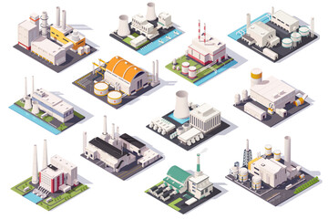 A collection of various industrial factories in isometric style on a clean background. Vector illustration © GN.STUDIO